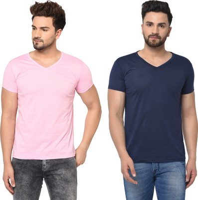 Tresna Fab Solid Men V Neck Blue, Pink T-Shirt