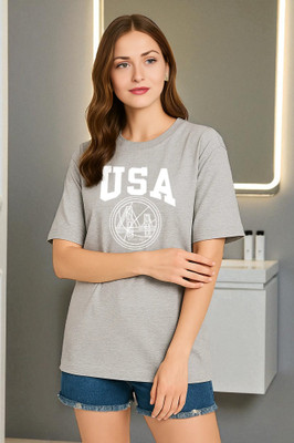 Elvia Typography Women Round Neck Grey T-Shirt