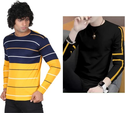 TEE TREE Solid, Colorblock Men Round Neck Navy Blue, Yellow T-Shirt