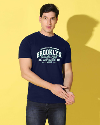 WOOSTRO Printed Men Round Neck Navy Blue T-Shirt