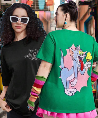 TOM AND JERRY by DreamBe Printed Women Round Neck Multicolor T-Shirt