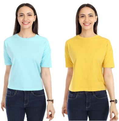 EKTHO Solid Women Round Neck Light Blue, Yellow T-Shirt