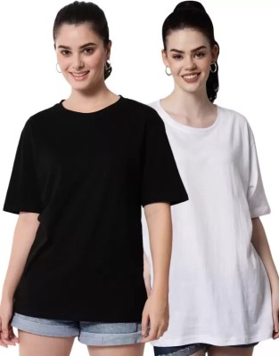 Lasmo Solid Women Round Neck Black, White T-Shirt