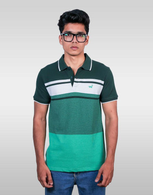 Lynx Striped Men Polo Neck Green T-Shirt