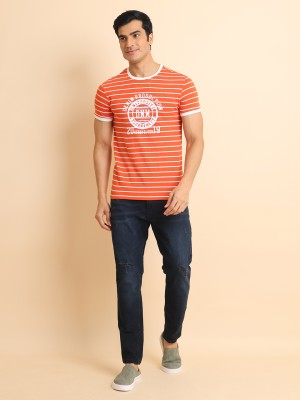 BERRYBLUES Striped, Printed, Typography Men Round Neck Red T-Shirt