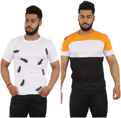 Oishee Printed Men Round Neck White, Yellow T-Shirt