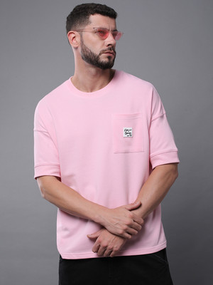DIFFERENCE OF OPINION Solid Men Round Neck Pink T-Shirt