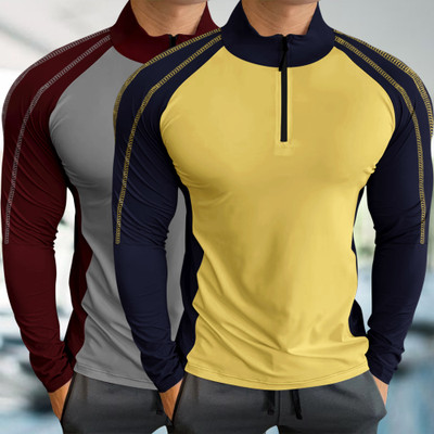 SCOWET Colorblock Men Zip Neck Maroon T-Shirt