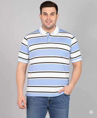 INKKR Striped Men Polo Neck Blue T-Shirt
