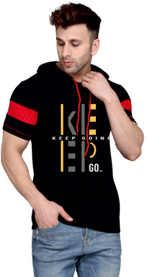 SLOWLORIS Printed, Typography Men Round Neck Black, Red T-Shirt
