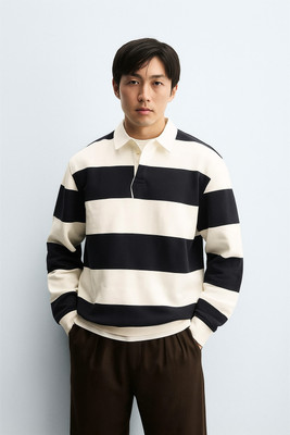 hanuelite Striped Men Polo Neck Black, White T-Shirt