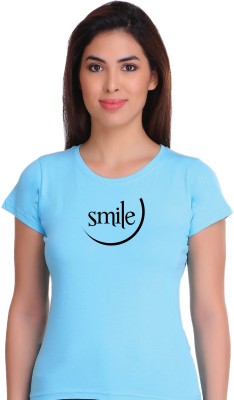 Simalic Printed, Typography Women Round Neck Light Blue T-Shirt
