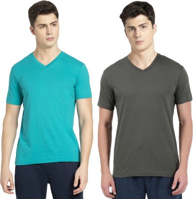 JOCKEY Solid Men V Neck Light Green, Dark Green T-Shirt