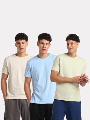 NOBERO Solid Men Round Neck Beige, Light Blue, Light Green T-Shirt