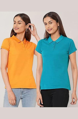 maketin Solid Women Polo Neck Orange, Blue T-Shirt