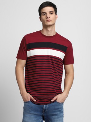 Dennis Lingo Striped Men Round Neck Maroon T-Shirt