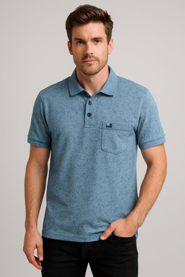 SAND PIPER Printed Men Polo Neck Blue T-Shirt
