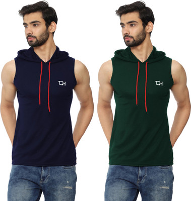 TQH Solid Men Hooded Neck Dark Blue, Green T-Shirt