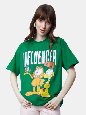 The Souled Store Graphic Print Women Round Neck Green T-Shirt