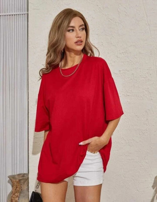 etsun Solid Women Round Neck Red, Maroon T-Shirt