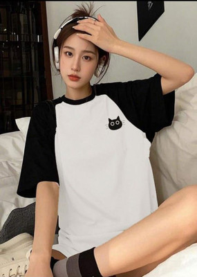 RAPTUROUS Colorblock Women Round Neck White T-Shirt