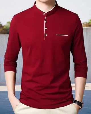 ZEBULUN Solid Men Mandarin Collar Maroon T-Shirt