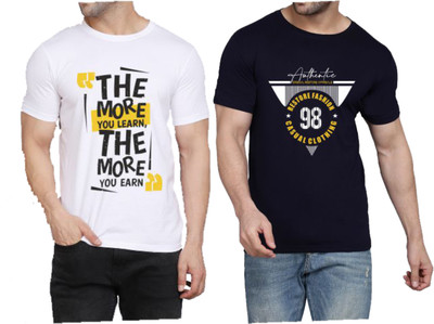 WOOSTRO Printed Men Round Neck White, Dark Blue T-Shirt