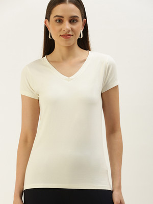 De Moza Solid Women V Neck White T-Shirt