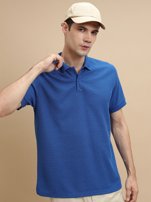 HIGHLANDER Self Design Men Polo Neck Blue T-Shirt