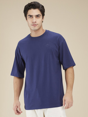 BEING HUMAN Solid Men Round Neck Blue T-Shirt