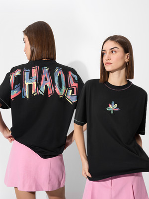 The Souled Store Printed Women Round Neck Black T-Shirt