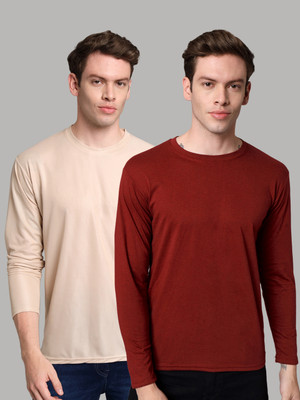 InkTees Solid Men Round Neck Beige, Maroon T-Shirt