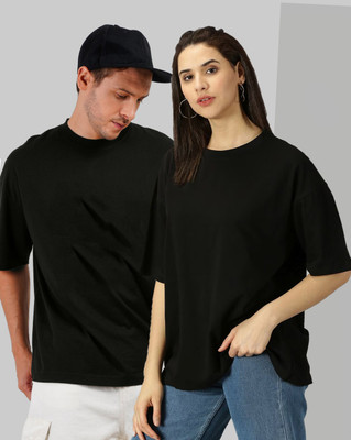 ALONE EAGLE Solid Couple Round Neck Black T-Shirt