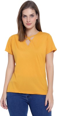 HYDEY Solid Women V Neck Yellow T-Shirt