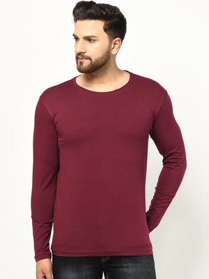 RULEDBYSUN Solid Men Round Neck Maroon T-Shirt