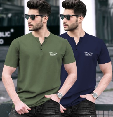 TRIPR Solid Men Henley Neck Green, Navy Blue T-Shirt