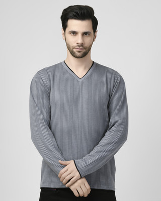 SMASH SMART WEAR Striped Men V Neck Grey T-Shirt