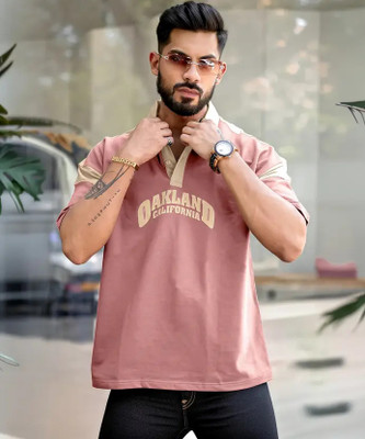 MANIAC Printed Men Polo Neck Pink T-Shirt