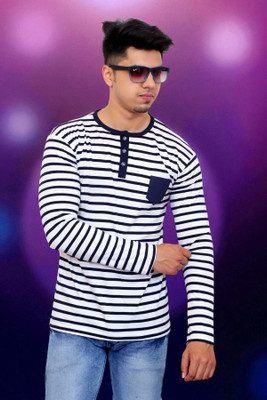 Faricon Trend Striped Men Henley Neck Grey T-Shirt