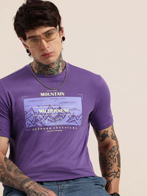 HERE&NOW Printed Men Round Neck Purple T-Shirt