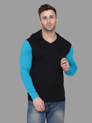 Trendfull Solid Men Hooded Neck Light Blue, Black T-Shirt