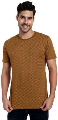 one sky Checkered Men Round Neck Brown T-Shirt