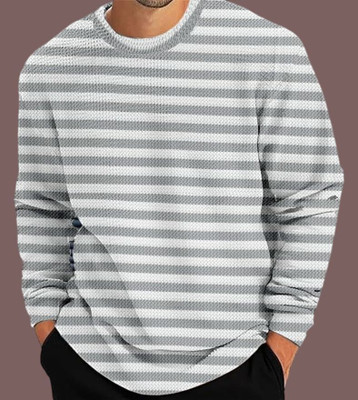 TELOXY Striped Men Round Neck Grey T-Shirt