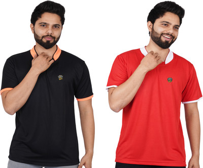 La Milano Solid Men Mandarin Collar Red, Black T-Shirt