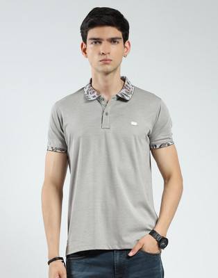 MONTE CARLO Self Design, Printed Men Polo Neck Grey T-Shirt