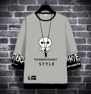 THUNDER PLANET Printed Men Round Neck Grey T-Shirt