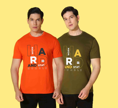 WOOSTRO Printed Men Round Neck Dark Green, Orange T-Shirt