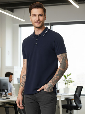 JUST ROAR Solid Men Polo Neck Navy Blue T-Shirt