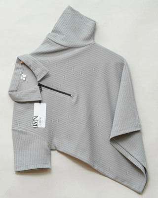 N AND J Self Design Men Zip Neck Grey T-Shirt