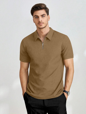 METRONAUT Solid Men Zip Neck Brown T-Shirt